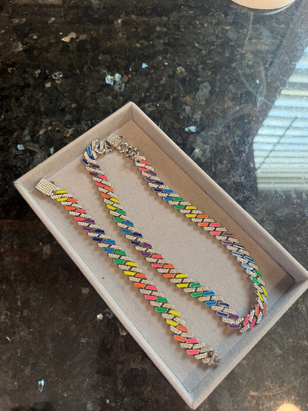Rainbow Cuban Link Necklace & Bracelet Set, Colorful Enamel Crystal Pavé Jewelry